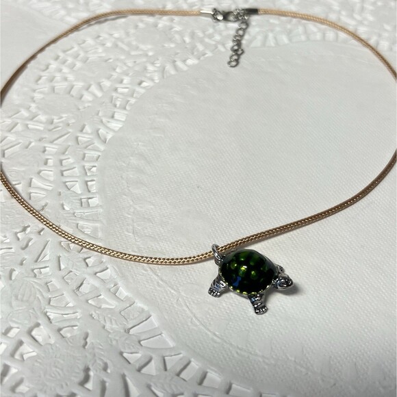Green And Silver Turtle Charm Necklace On 18" Waxed Cord w/ Extension - Picture 4 of 9